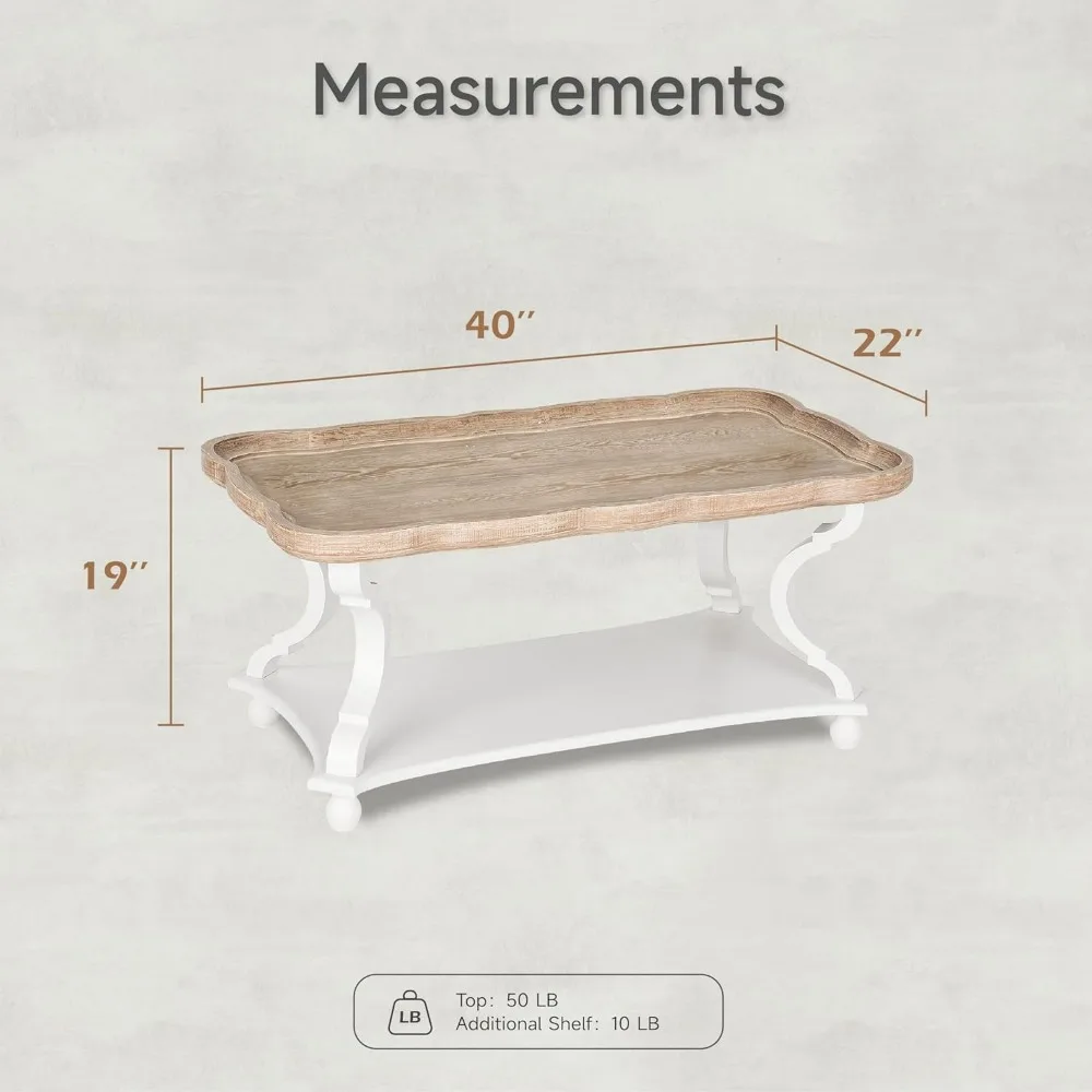 Rustic Farmhouse Cottagecore Coffee Table, Natural Tray Top Sofa Table for Family, Dinning or Living Room, Small Spaces