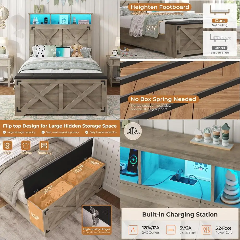 

Twin Wood Platform Bed with Storage, Ottoman, LED Lights, and Metal Slat Support in Oak Gray