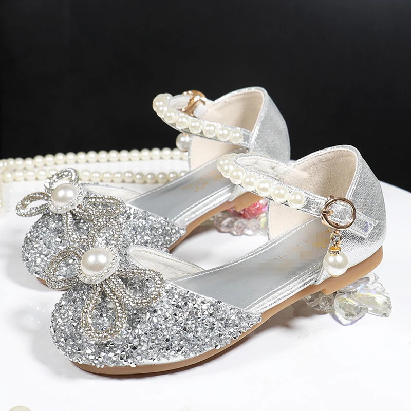 New Kids Christmas Party High Heel Crystal Princess Shoes For Girls Sandals Children's Bowknot Dance Bright Diamond Single Shoes