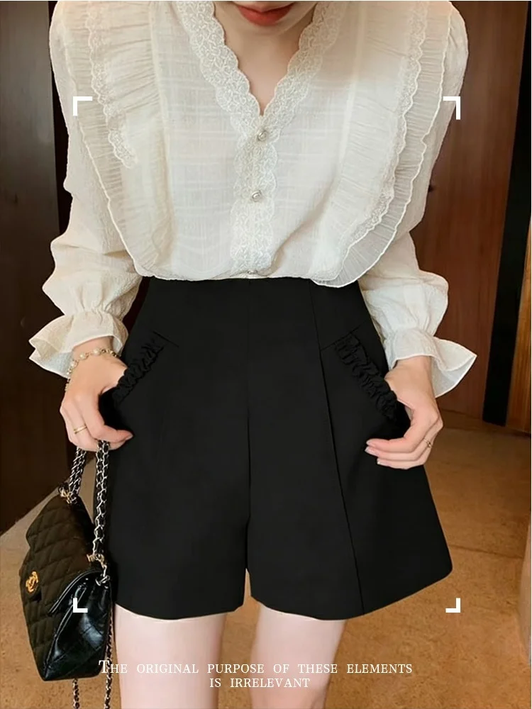 SMTHMA Nieuwe Mode Shorts Voor Vrouwen Hoge Taille 2026 Lente Collectie Zwart A-lijn Brede Benen Slanke Casual Korte Broek