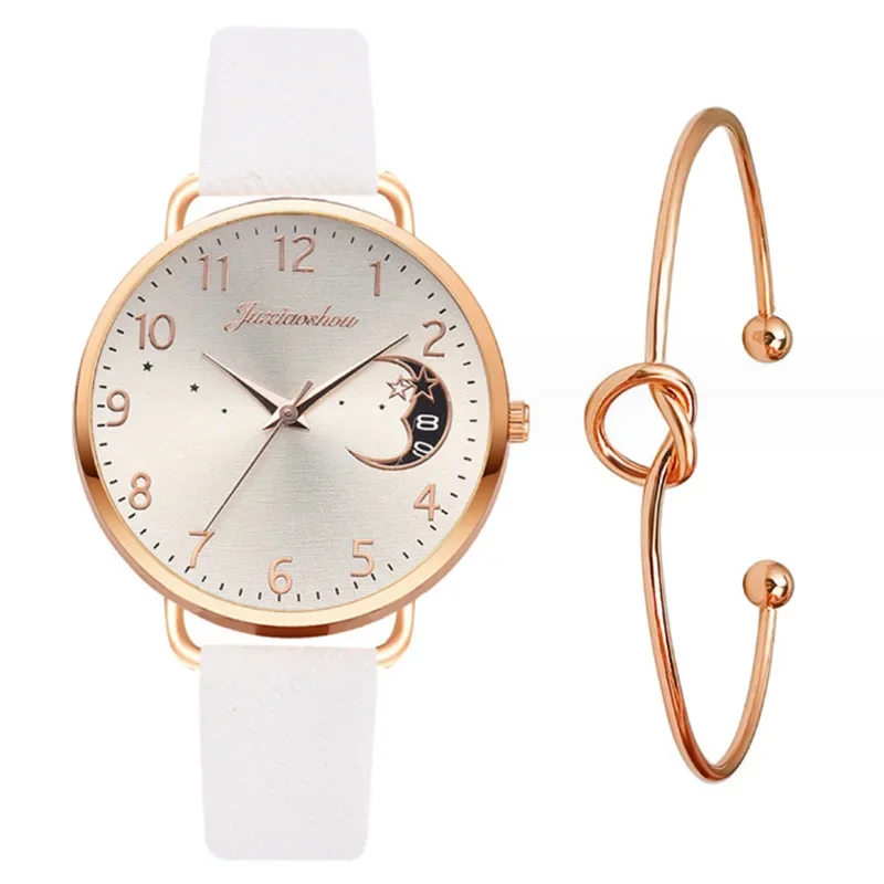 

New Women's Personalized Bracelet Combination Set Moon Pattern Digital dial 2pcs Fashion Quartz Women's Watch