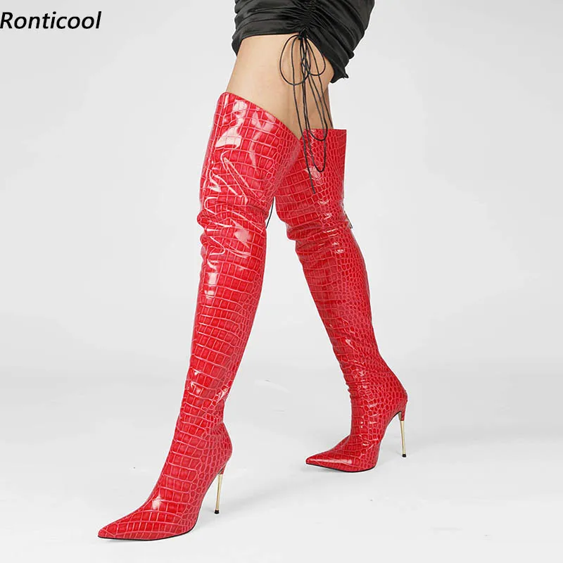 

Ronticool Fashion Women Winter Over The Knee Boots Stone Pattern Metal High Heels Pointed Toe 5 Colors Dress Shoes Us Size 5-15