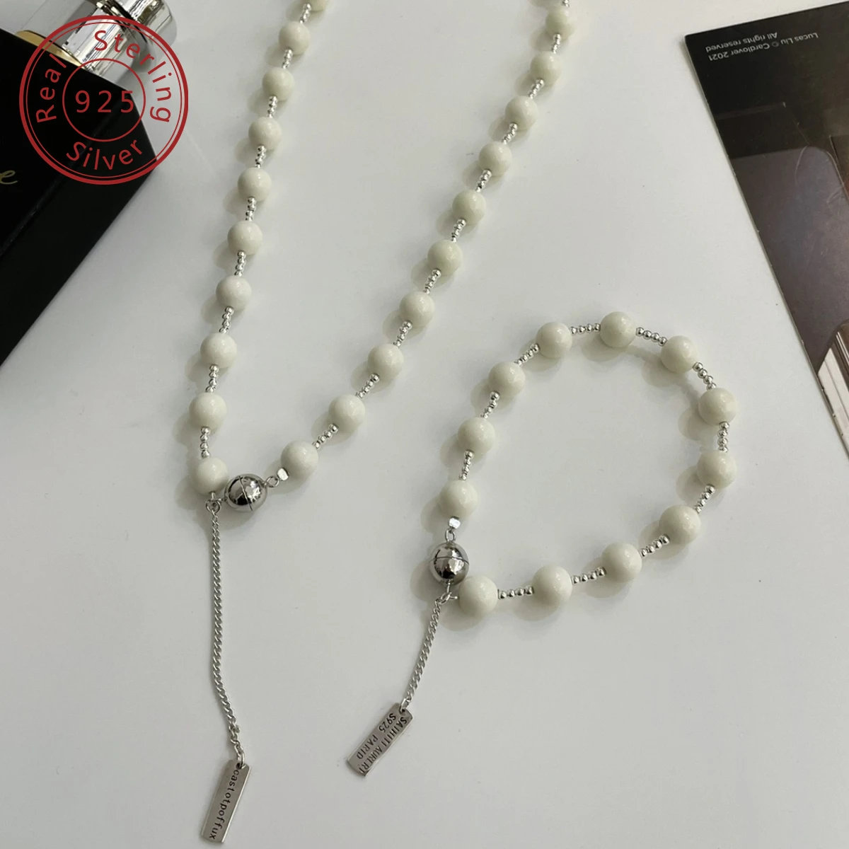 925 silver autumn and winter new ivory white Alashan agate necklace bracelet set, Korean style match, niche design style