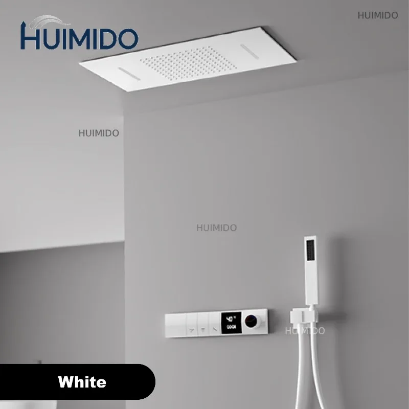 Chrome Wall-Mounted Ceiling Thermostatic Rainfall Shower System LED Display 3 Spray Modes Brass Anti-Scald Easy Install Shower