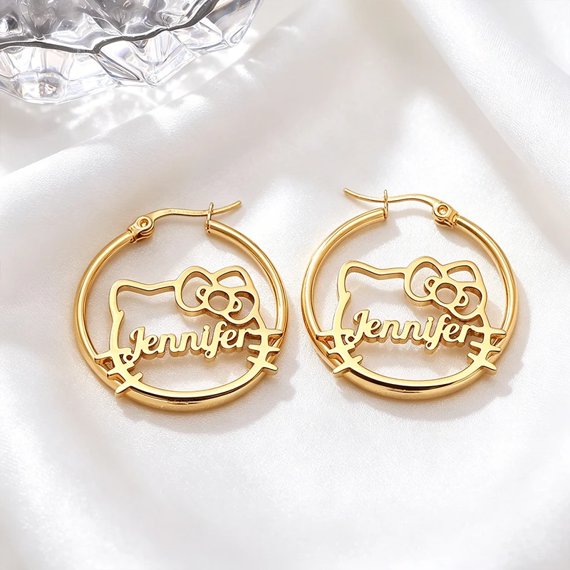 Custom Stainless Steel Hello Kitty Earrings Custom Name Earrings Personalized 24K Gold Plate Earrings For Woman Birthday Gifts
