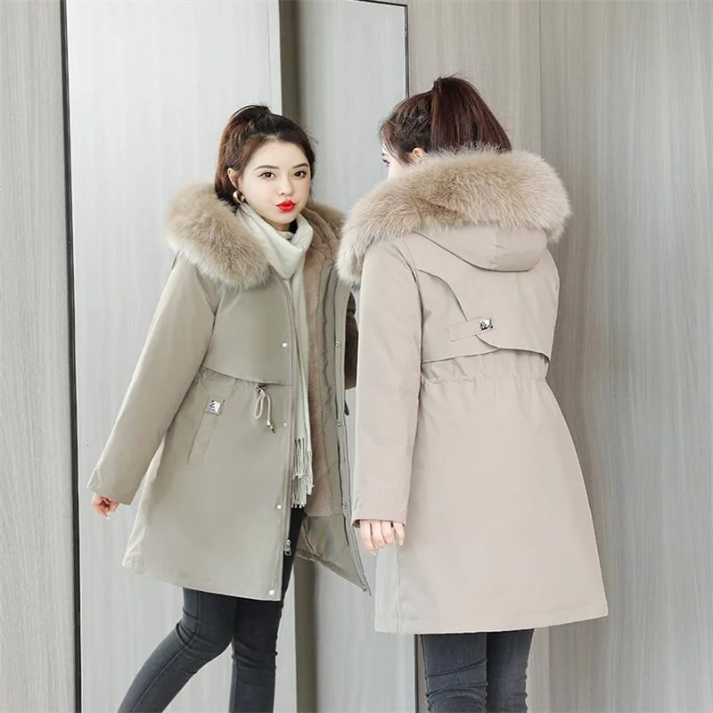 

Pai Overcome Hooded Women's Medium Long Korean Edition Plush Thickened 2022 New Winter Cotton Coat Small Tall Wool Collar Coat