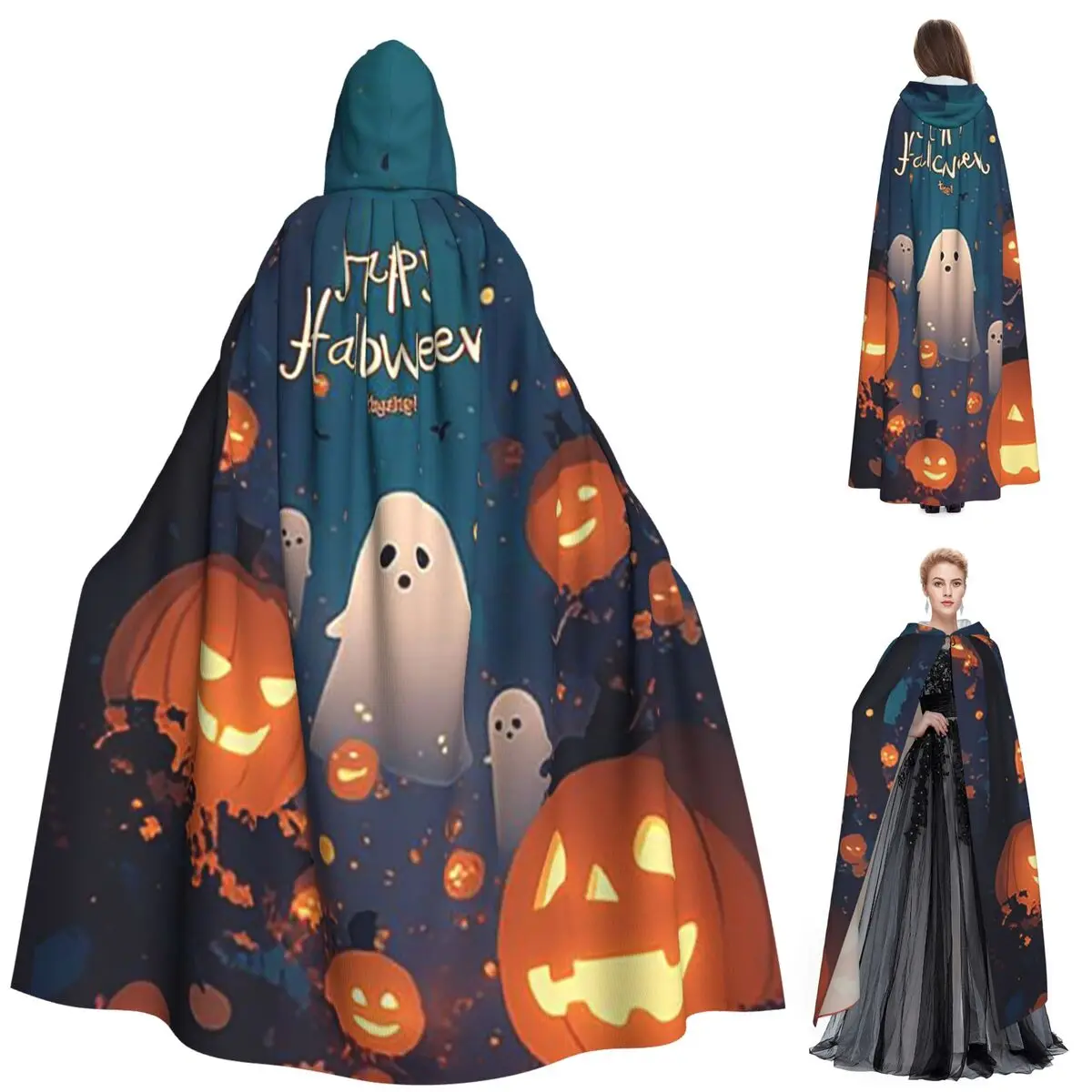 

Halloween Bats Jack-O-Lanton Pumpkin And Ghosts Witches Long Hooded Cloak Witch Medieval Costume Cosplay Cape