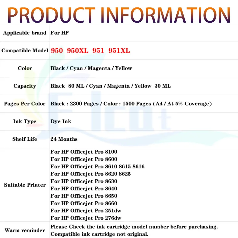 950XL 951XL 950 951 Wkład atramentowy do drukarek HP Officejet Pro 8600 8100 8610 8620 8630 8640 8625 8650 8660 8615 251dw 276dw — zdjęcie produktu 6