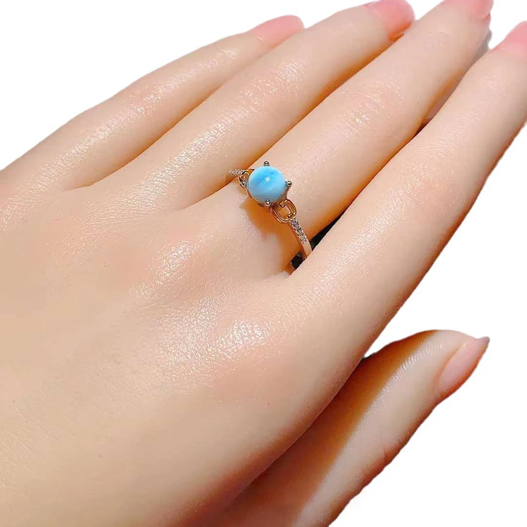 Fine Faceted Natural Larimar Ring Adjustable With Zirconia 925 Sterling Silver for Woman Party Gift