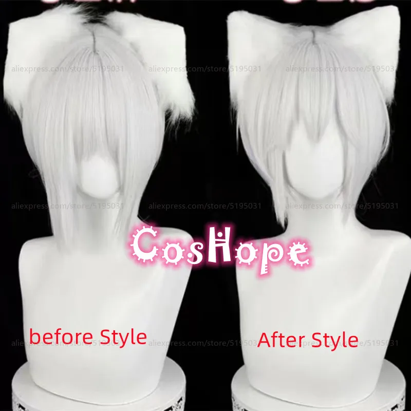 Tomoe Cosplay Wig With Ears 30cm Short Silver White Wig Cosplay Anime Cosplay Wigs Heat Resistant Synthetic Wigs Hair