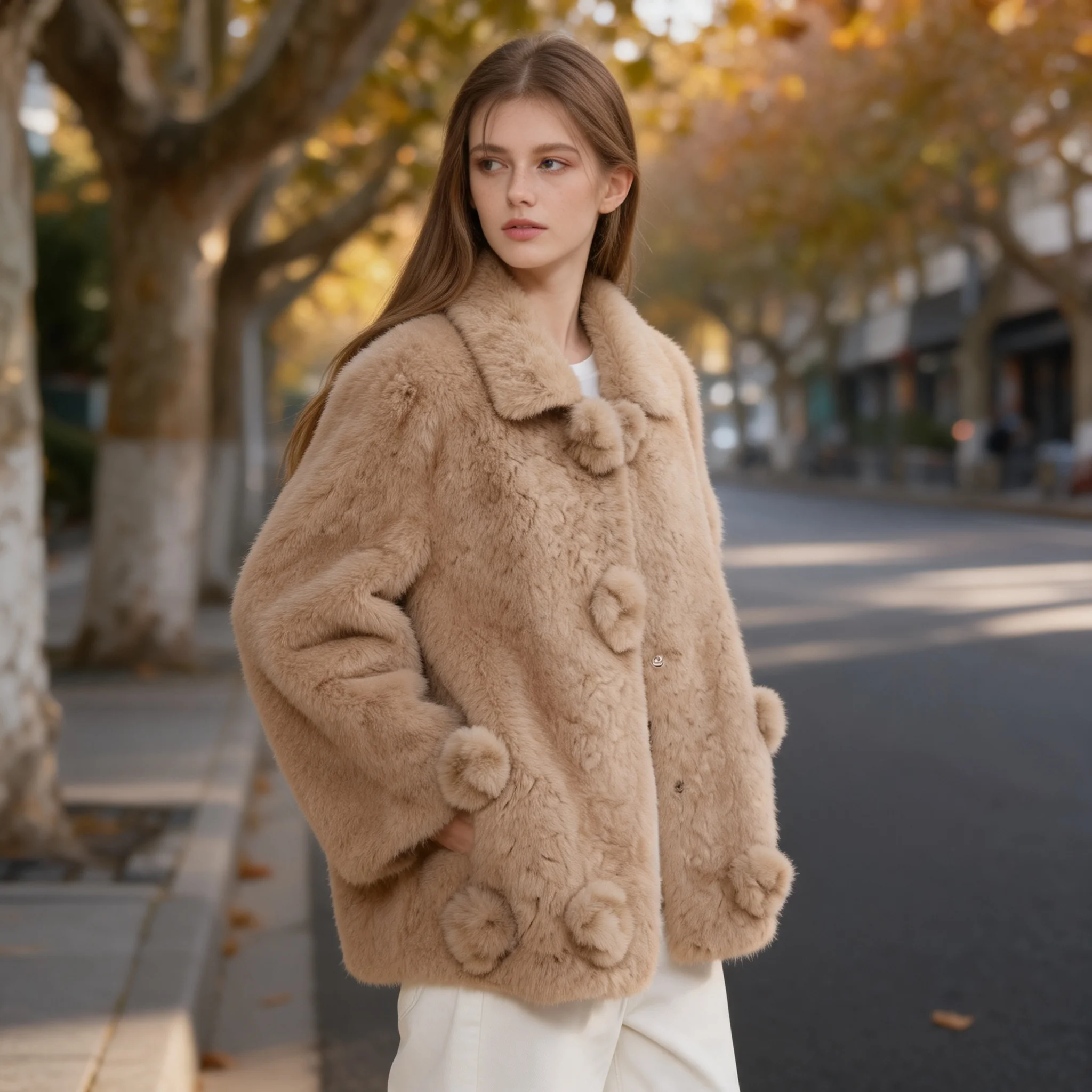 No Hood Loose Fit Coat Casual with Three Dimensional Decoration Autumn Mid Long Length Notched Lapel Regular Sleeve Women Jacket