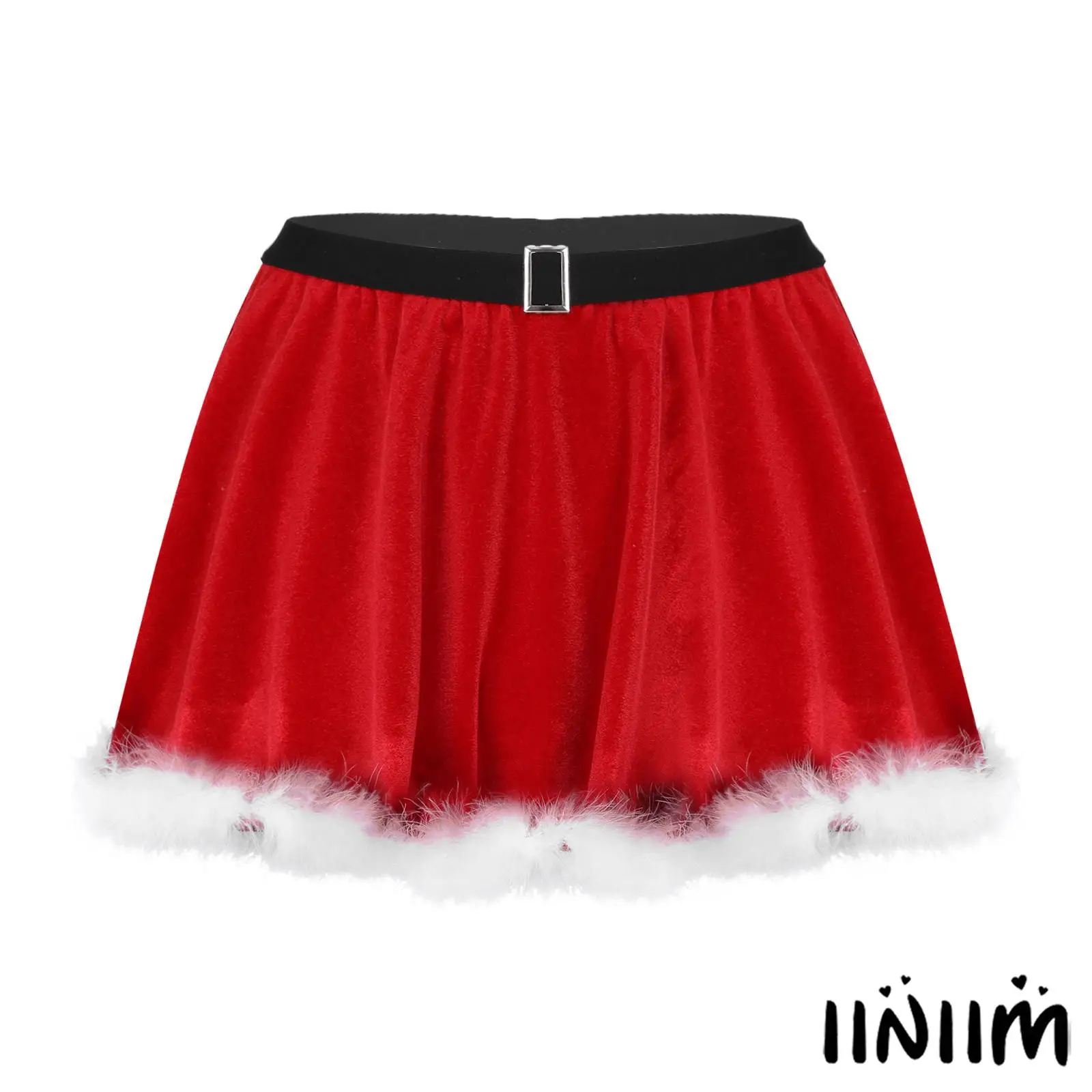 

Womens Christmas Skirt Red Velvet Feather Trimming Skirt Xmas Party New Year Costume Elastic Waistband Ruffled Santa Miniskirt