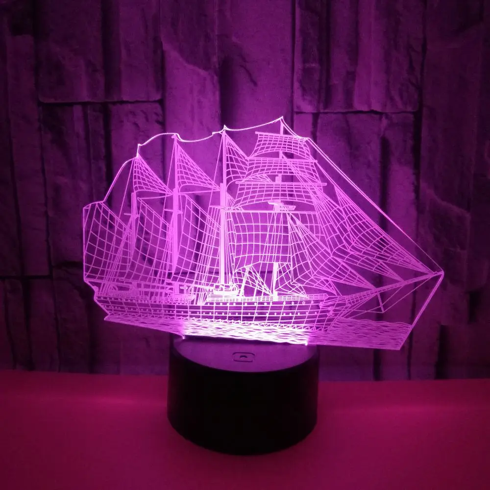 Retro Ancient Sailing Sea Boat Ship LED Lamp Chinese Style 7 Color Changing 3D Illusion Night Light USB Home Decor Kids Gift