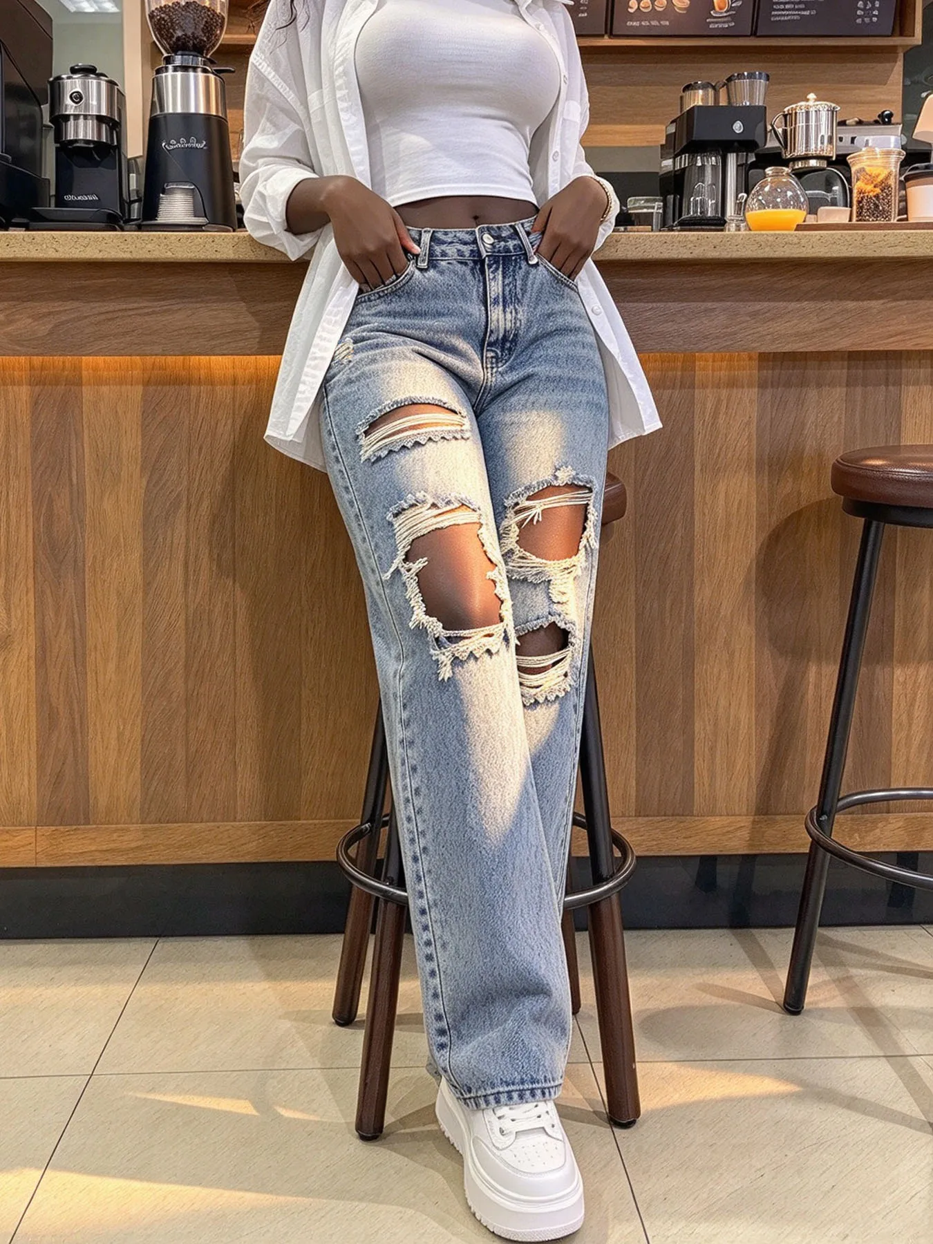Women's Spring Autumn Light Blue Vintage Ripped Denim Wide Leg Long Pants American Vintage High Waist Loose Tall Look Hot Girl Casual Denim Trousers
