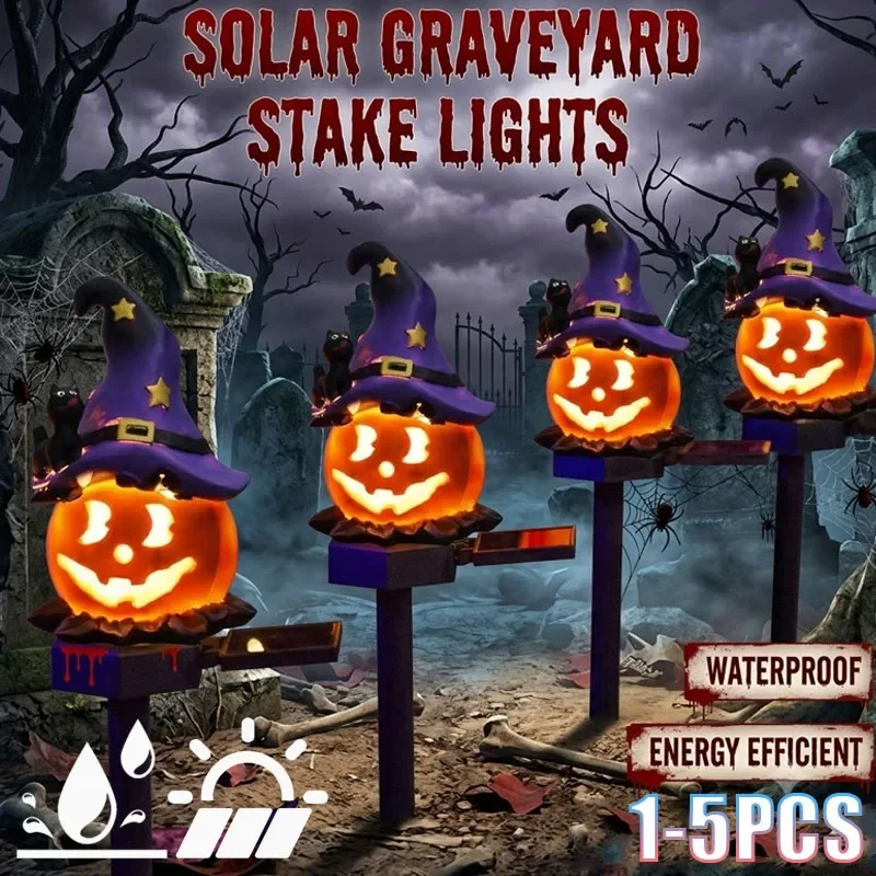 1-5PCS Solar Halloween Pumpkin Garden Stake Light Resin Craft Outdoor Yard Decoration for Ghost Night Atmosphere Halloween Decor