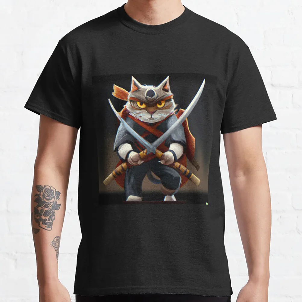 

Samuraj kat Cool cat Gift t shirt for cats lover 100% cotton printed Short sleeve Graphic clothes All size tops S-6XL