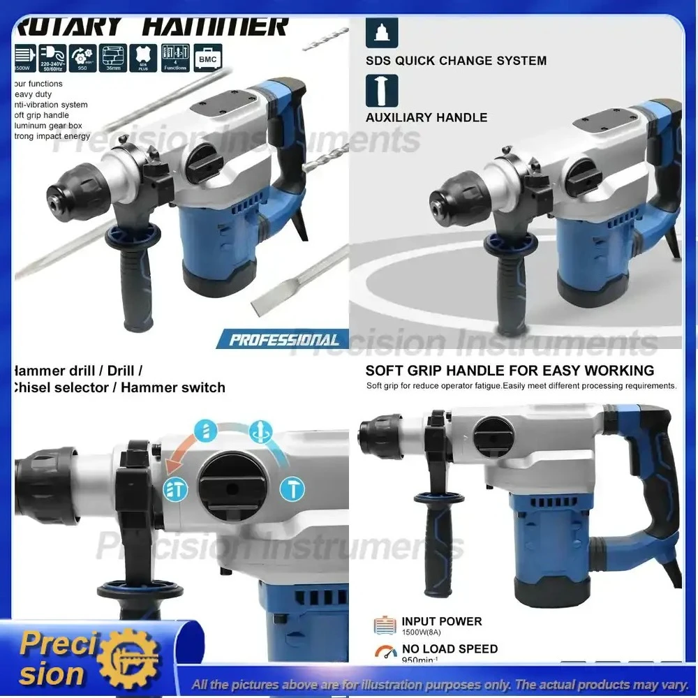 1500W Heavy Duty Electric Hammer Drill 12A Corded Rotary Hammer with SDS Plus Chuck for Concrete Brick Steel Wood Drilling