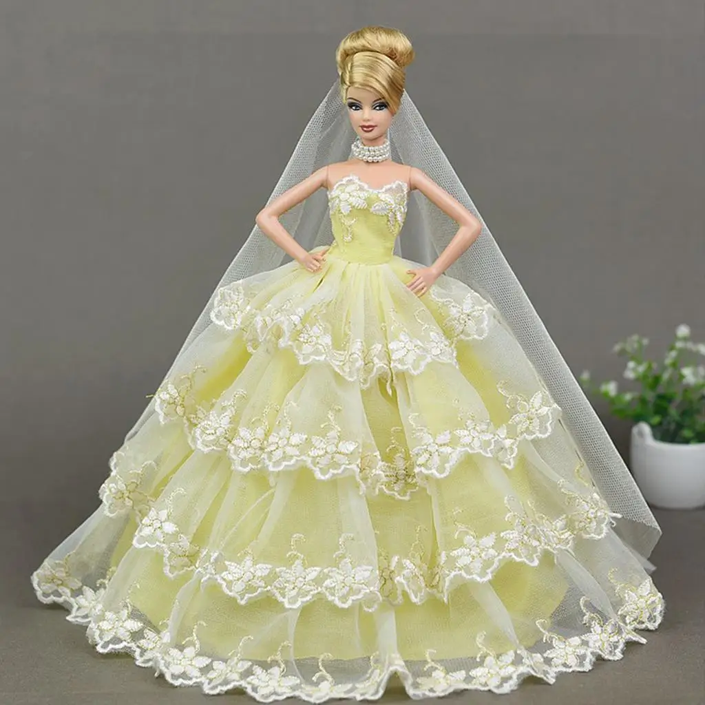 Yellow Embroidery Flowers Dress Gauze Wedding Gown Outfit /6