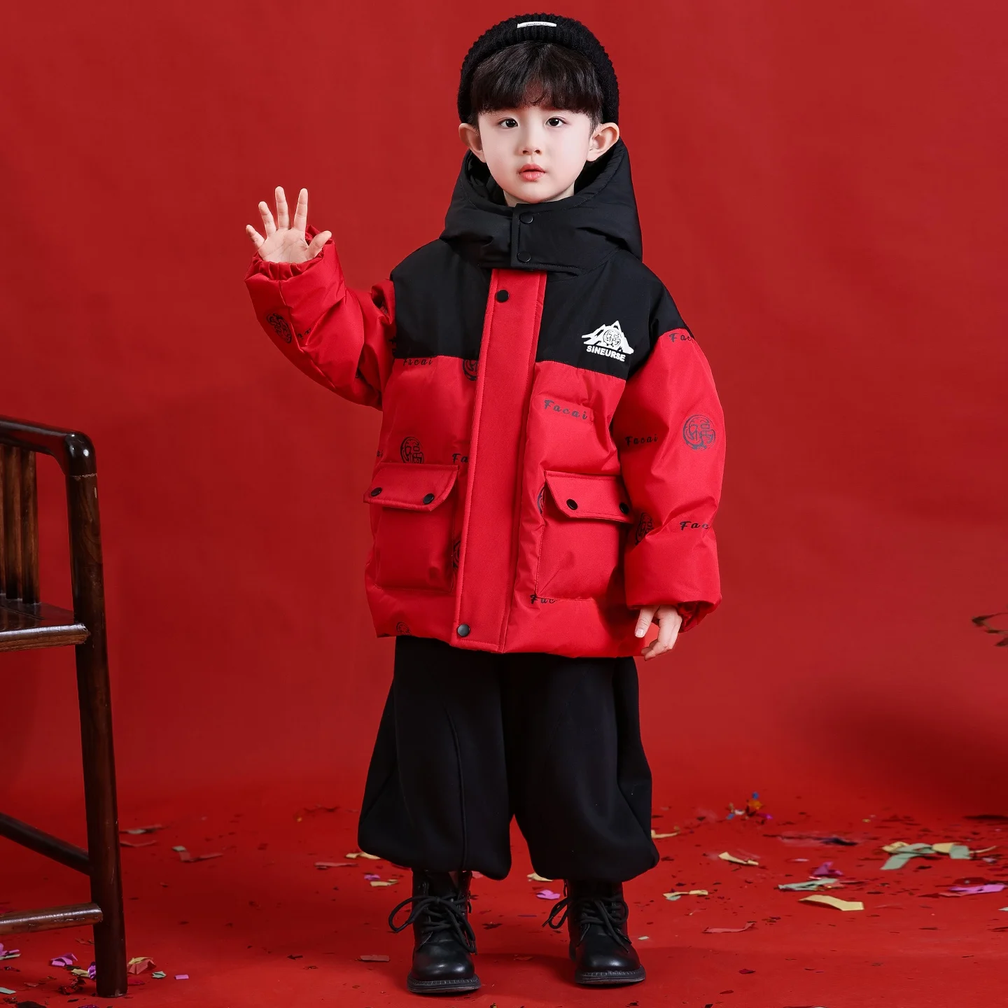 

Boys' Winter down Jaet 2025 New Year Celebration Red Outerwear Youth Faion Water-Resistant Warmth Padded Coat for Kids