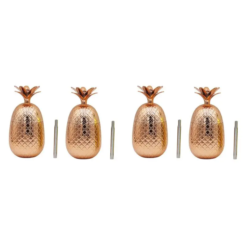 

AFOURT-4 Pack Pineapples Drink Cups, 450Ml Copper Pineapples Tumbler With Stretched Straw, Hawaiian Luau Party Cups