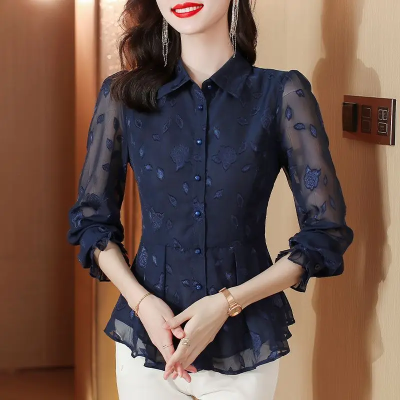 

Chiffon Slim Thin Vintage Blouse Spring Autumn Long Sleeve Polo Neck Button Elegant Shirt Tops Temperament Office Women Clothing
