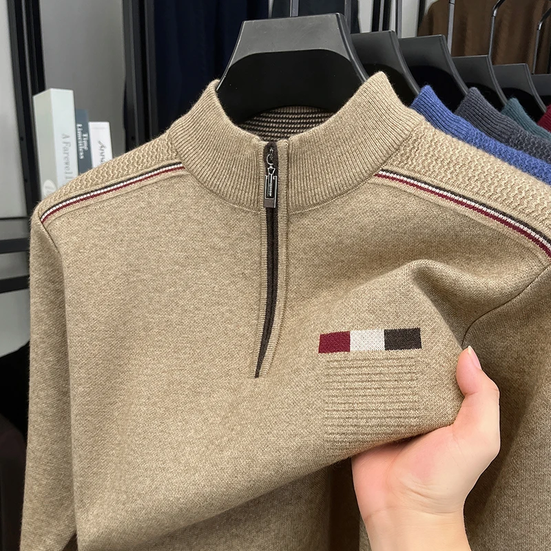 

Autumn Winter Elements New Middle Aged Men's Thick Sweater Half High Collar Zipper Fashion Stripe Knitted Sweater Men's Sweater