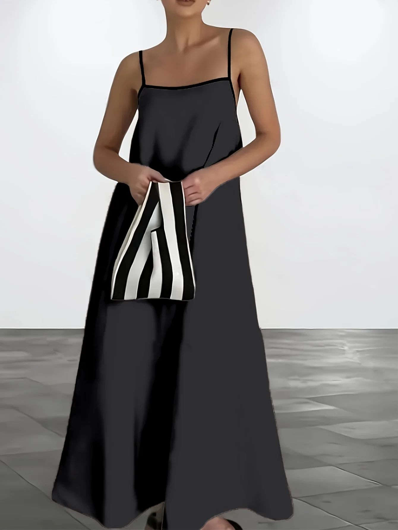 Women's Spring/Summer Solid Color Simple Loose A-line Spaghetti Strap Long Dress