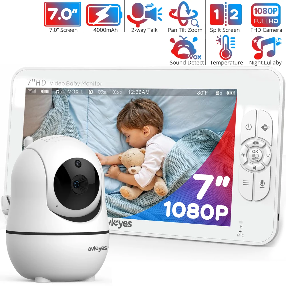 7 Inch Baby Monitor with Camera 1080P Pan-Tilt-Zoom Nanny Baby Phone 2-way Audio Night Vision No WiFi 4000mAh Battery Babysitter