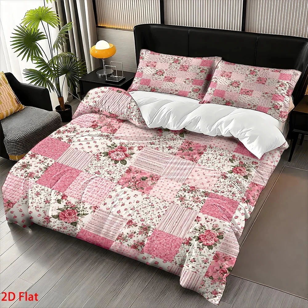 Pink Retro Pastoral Style Three-Piece Bedding Set (1*Duvet Cover + 2*Pillowcases), Pink Halloween Decoration Comforter Sets Quilt Cover Bedding Set Breathable Polyester Invisible Zipper Machine Wash