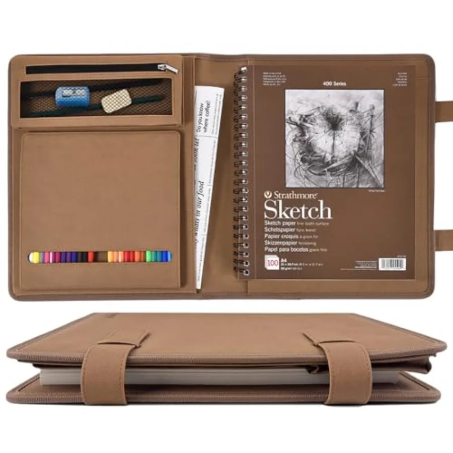 

Leather Sketchbook Cover for 9x12 - Travel Portfolio Case with Storage Holds Large Sketch Book and Spiral Pad All-in-One Artist