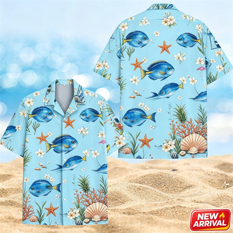 Tropical Fish Print Hawaiian Shirt Men Summer Holiday Party Casual Button Shirts 3d Printed Animal Pattern Lapel Aloha Shirt