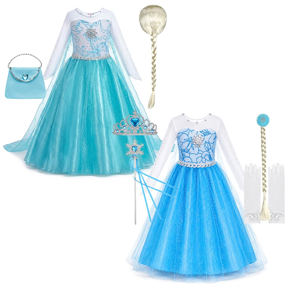 Mädchen Prinzessinnenkleid aus blauem Mesh mit Zubehör-Set, Pailletten-Tüllkleid für Kinder, Geburtstag, Cosplay, Party, Karneval, Halloween-Kostüm