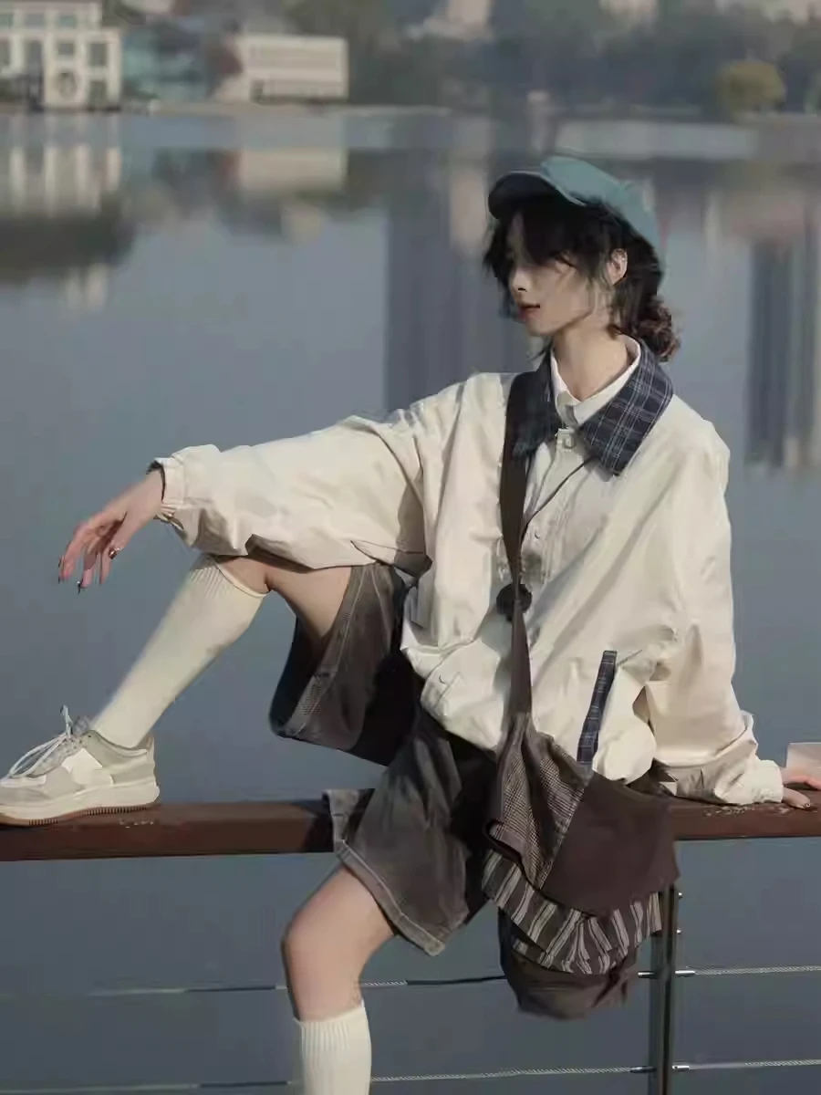 

Retro Japanese Sle Color Blo Plaid Jaet Men's Spring Autumn Casual Loose Fit Zipper irt Trendy Youth Polyester