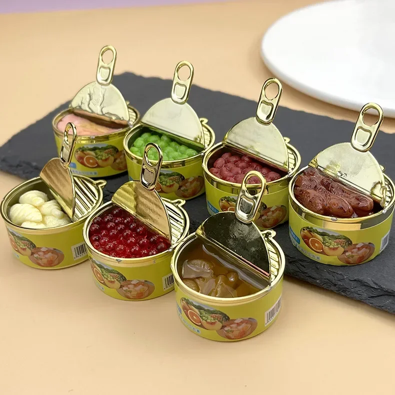 1 conjunto de casa de bonecas mini simulação caviar frutas enlatadas carne peixe enlatado modelo de comida cozinha latas de tampa aberta casa de boneca decoração em miniatura