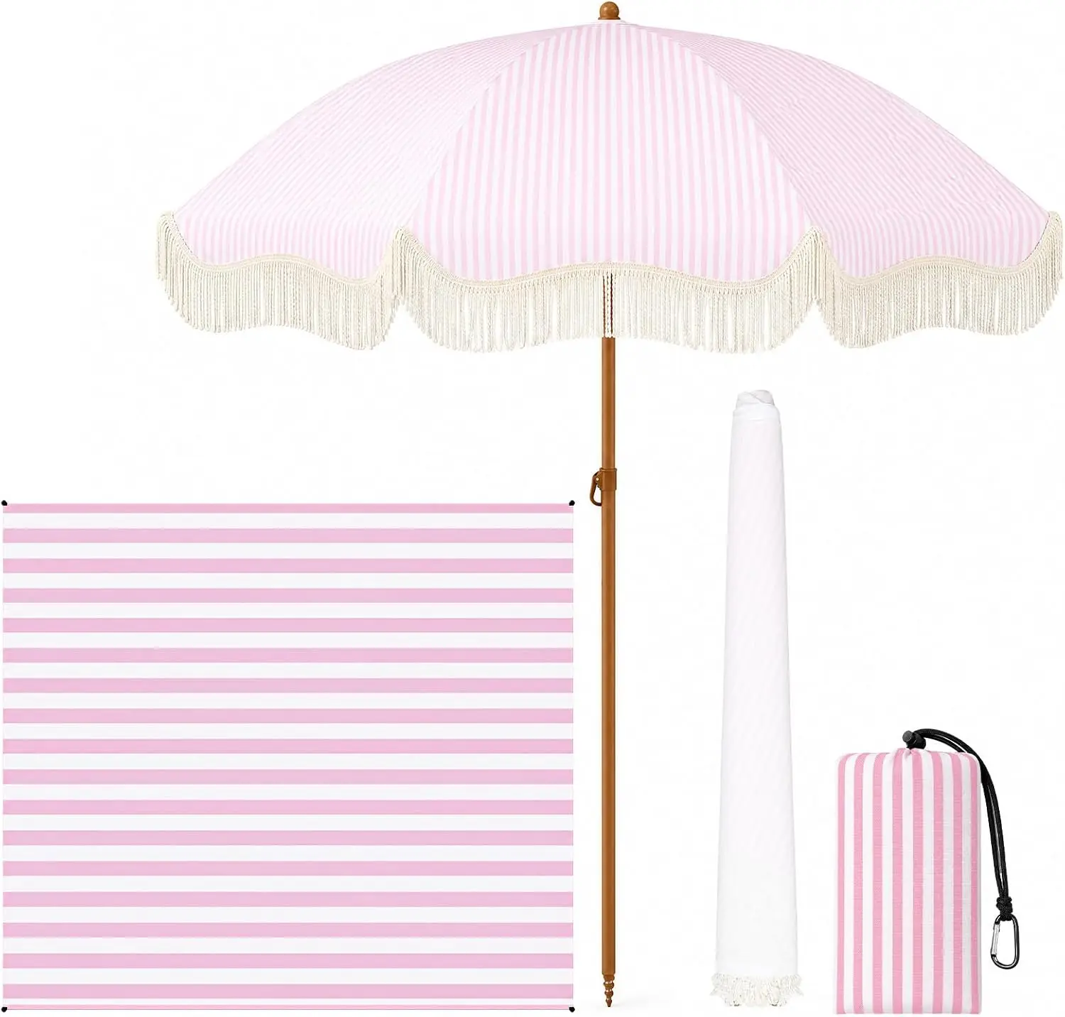 Juego de sombrillas de playa con flecos a rayas rosas de 6,5 pies con tapete impermeable, sistema de inclinación con botón, bolsa de transporte, toldo con borlas estilo bohemio, sombrilla para piscina al aire libre, patio trasero, césped, picnic, paquete de 2