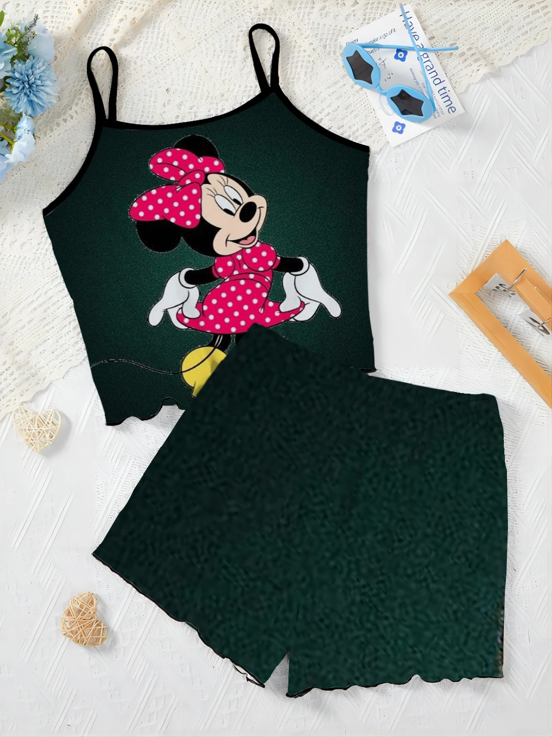 Ensemble jupe pyjama trempée Minnie Mouse pour femme, haut court, garniture en laitue, robe de maison, t-shirt élégant, Disney, 2 pièces