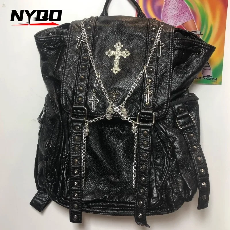 Women Gothic Punk Rivet Chain Backpack Girls Y2K Soft Leather Package Ladies Subculture Skull Commuter Bag Mochilas Para Mujer