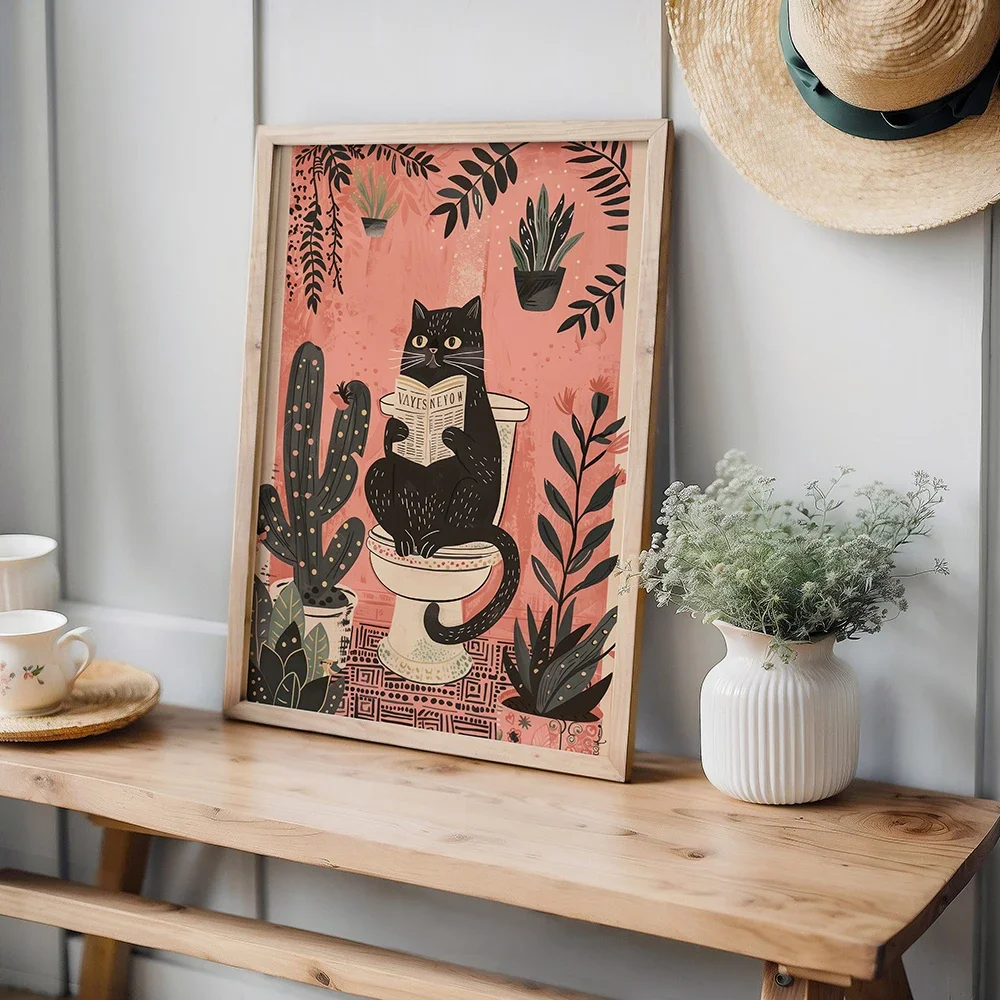 Funny Black Cat On The Toilet Reading Poster Animal Bath Prints Canvas Painting Wall Art Pictures for Toilet WC Bathroom Decor