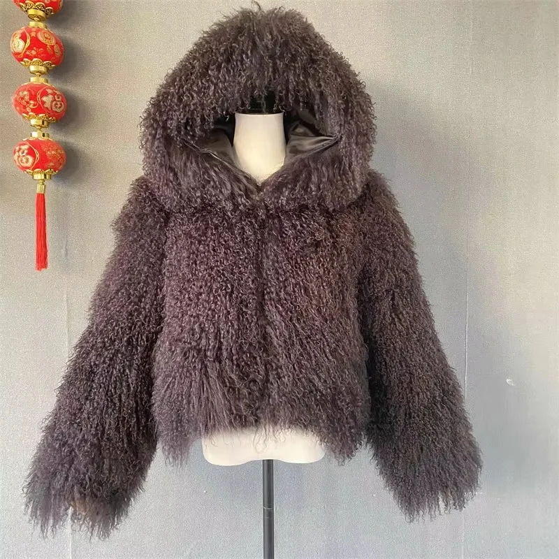 2025 Autumn Fashion Warm Short Real Mongolia Sheep Fur Jacket Women Plus Size Curly Lamb Fur Jacket Female