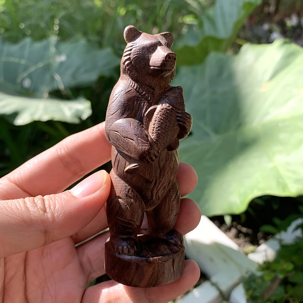 1 piece 3.85 Inch hand-carved wooden bear catching fish statue ornament, animal theme, artistic style, suitable for holiday decoration, desktop decoration, home decor, fireplace, bedroom, New Year's gift, back-to-school season gift