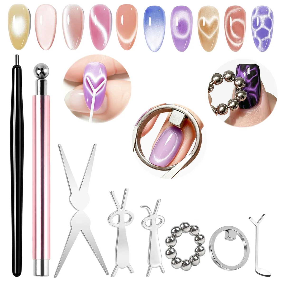 17pcs Cat Eye Nail Magnet Set, Multi Effect Magnets for French Tip, Heart & Ring Designs, Magnetic Gel Nail Art Tools