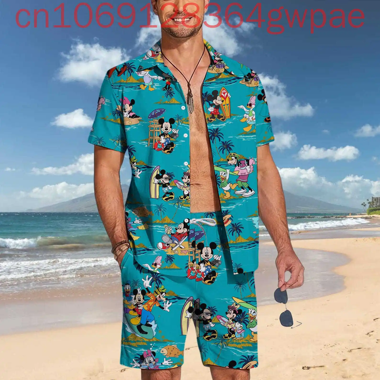 

Гавайская рубашка с Микки и друзьями Диснея и пляжные шорты, комплект мужских и женских летних повседневных рубашек с короткими рукавами и брюк, костюм
