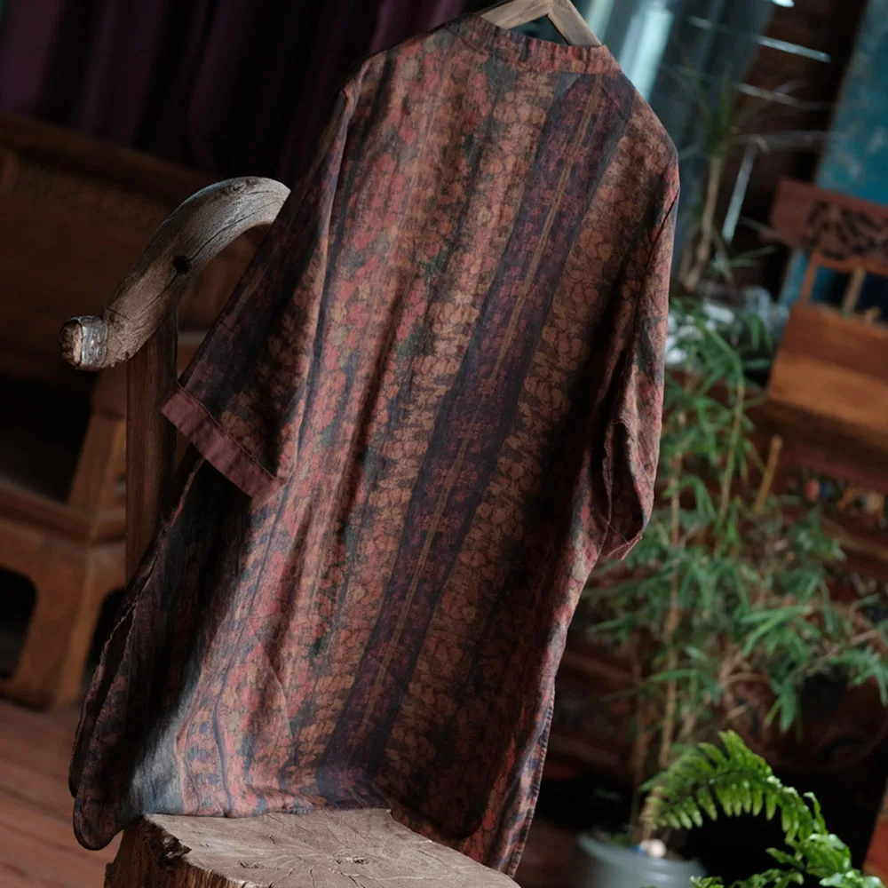 예술적 복고풍 얇은 라미 인쇄 중간 길이 셔츠 여성 중국 민족 스타일 개구리 단추 레저 태양 보호 탑 포켓