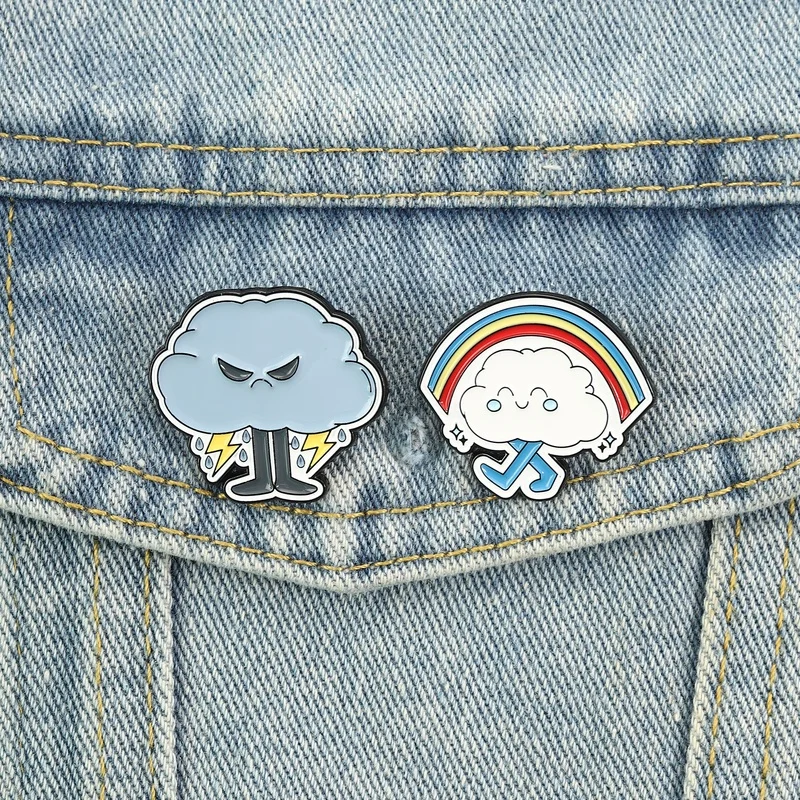 Angry Storm Cloud Enamel Pins Cartoon Happy Rainbow Smile Brooches Lapel Badge Cute Funny Jewelry Gift for Friends