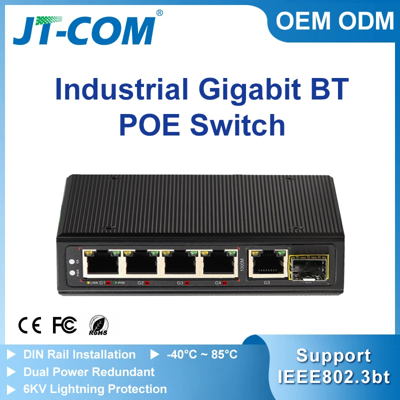 

JT-COM 6-port Gigabit BT Industrial Ethernet POE Switch 4 * 100/1000Base-T POE ports+1 * 1000M RJ45 ports+1 * 1.25G SFP Switc