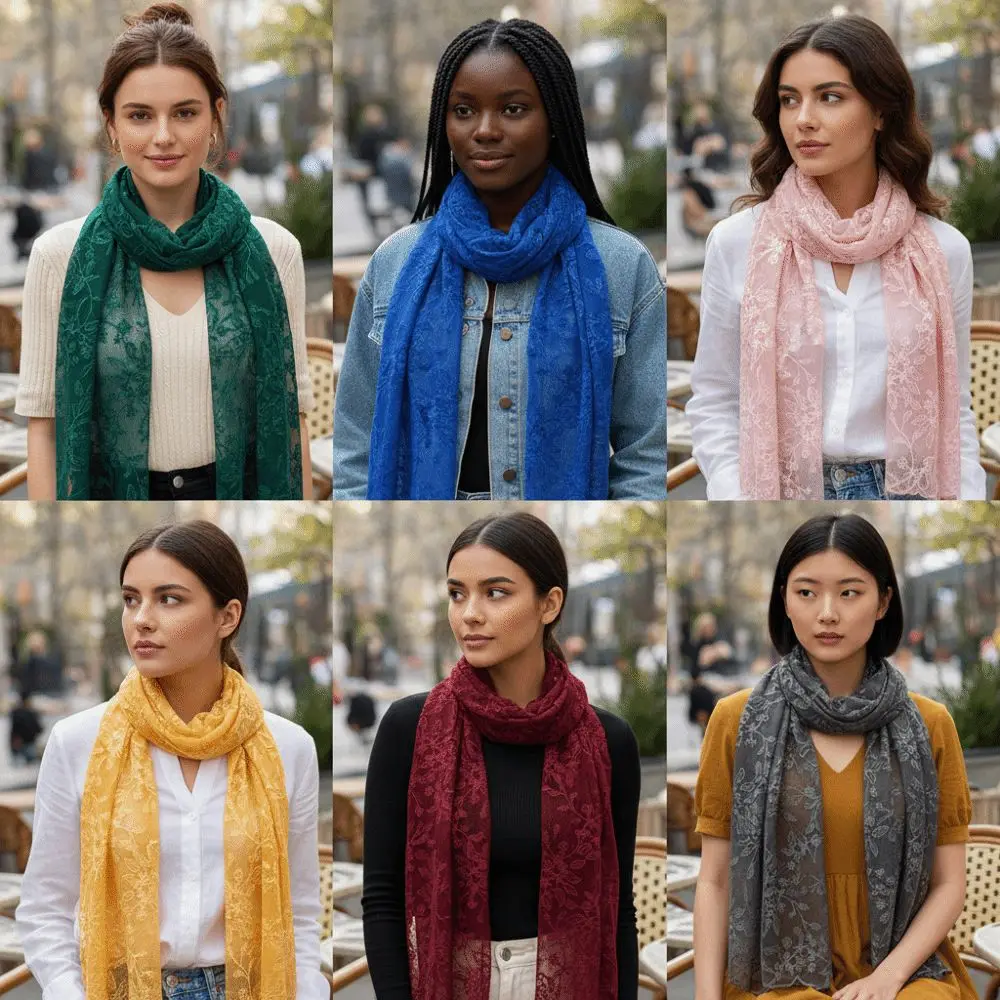 

Elegant Embroidered Flower Lace Scarf Lightweight Long Sunscreen Shawl Breathable Mesh Silk Scarf Women