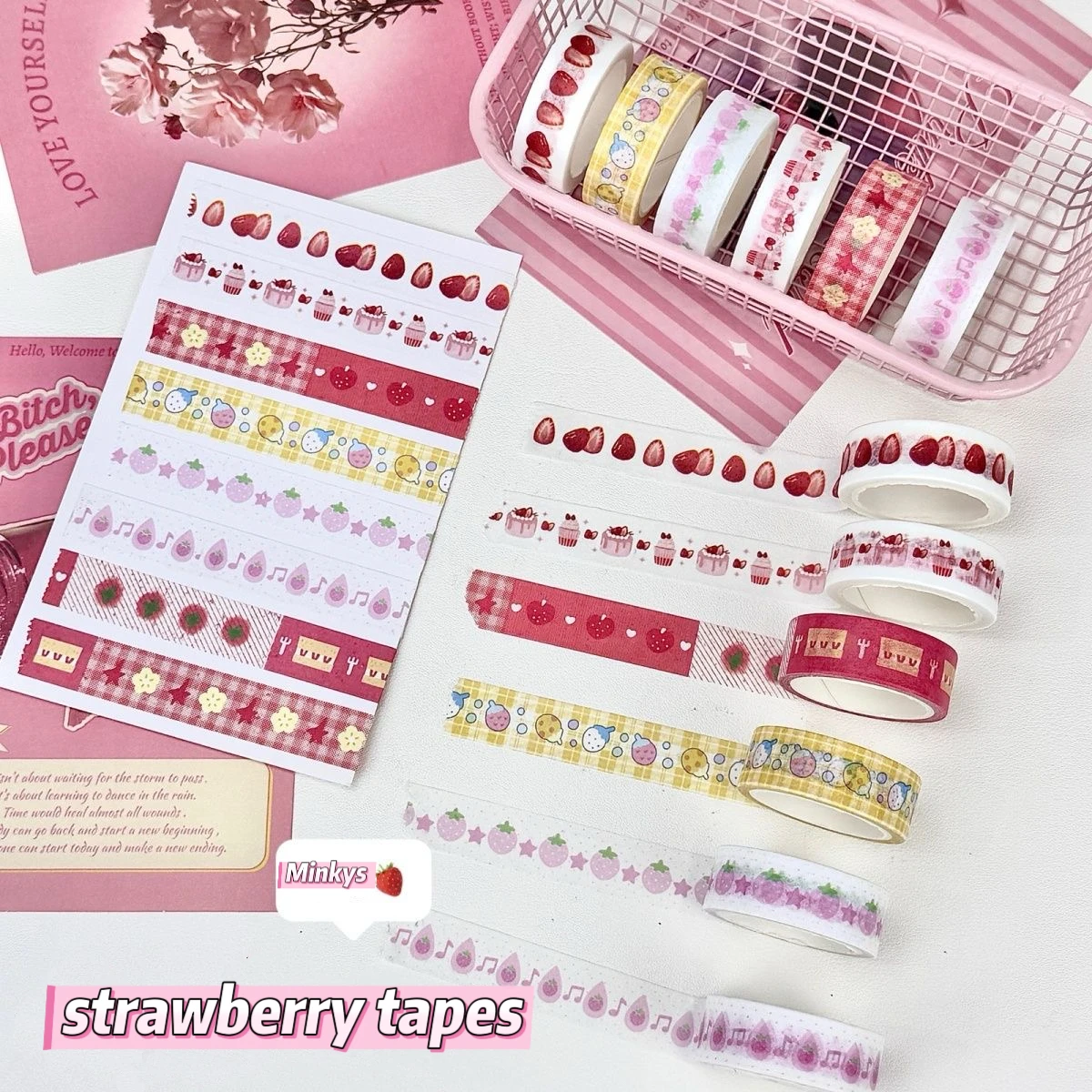 

Набор декоративных лент MINKYS, 6 шт./лот, с милыми мультяшными рисунками клубники и яблок, креативная клейкая лента васи, школьные канцелярские принадлежности