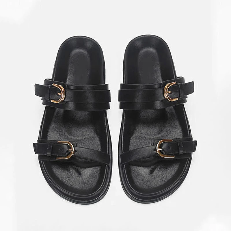 TRAF Buckle Strap Upper Flatform Slippers Women Outdoor Round Head Open Toe Flat Slipper Leisure Black Sandals Shoes For Women