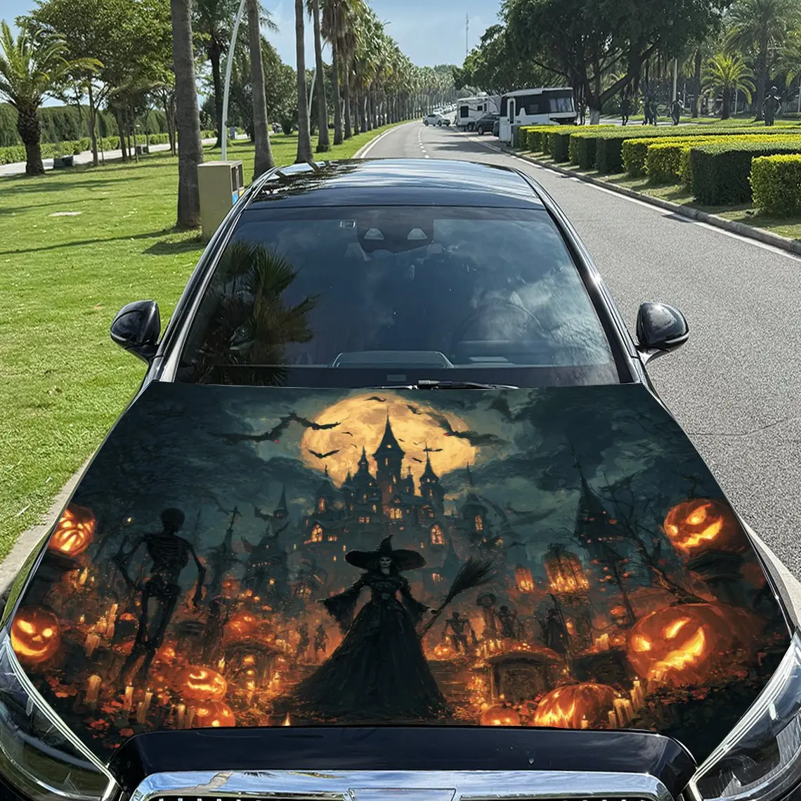 

Halloween Fantasy Night Car Vinyl Wrap, PVC Material Waterproof Car Hood Sticker, Self-Adhesive Scratch-Resistant Stickers for E