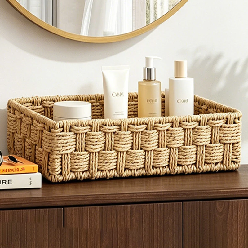 Paper Rope Woven Storage Basket Handmade Desktop Organizer Box Cosmetic Snack Towel Storage Basket Room Sundries Organizer